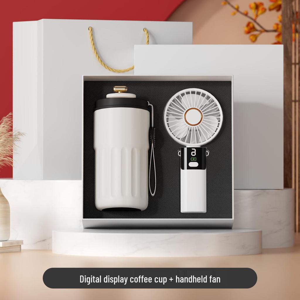 Digital Display Coffee Cup & Handheld Fan Business Gift Set for Leaders & Colleagues - Customizable with Logo