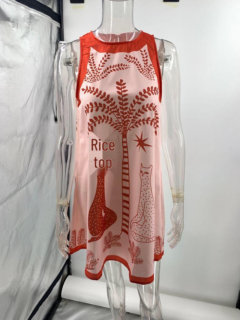 2025 European & American Printed Linen Sleeveless Mini Dress for Women