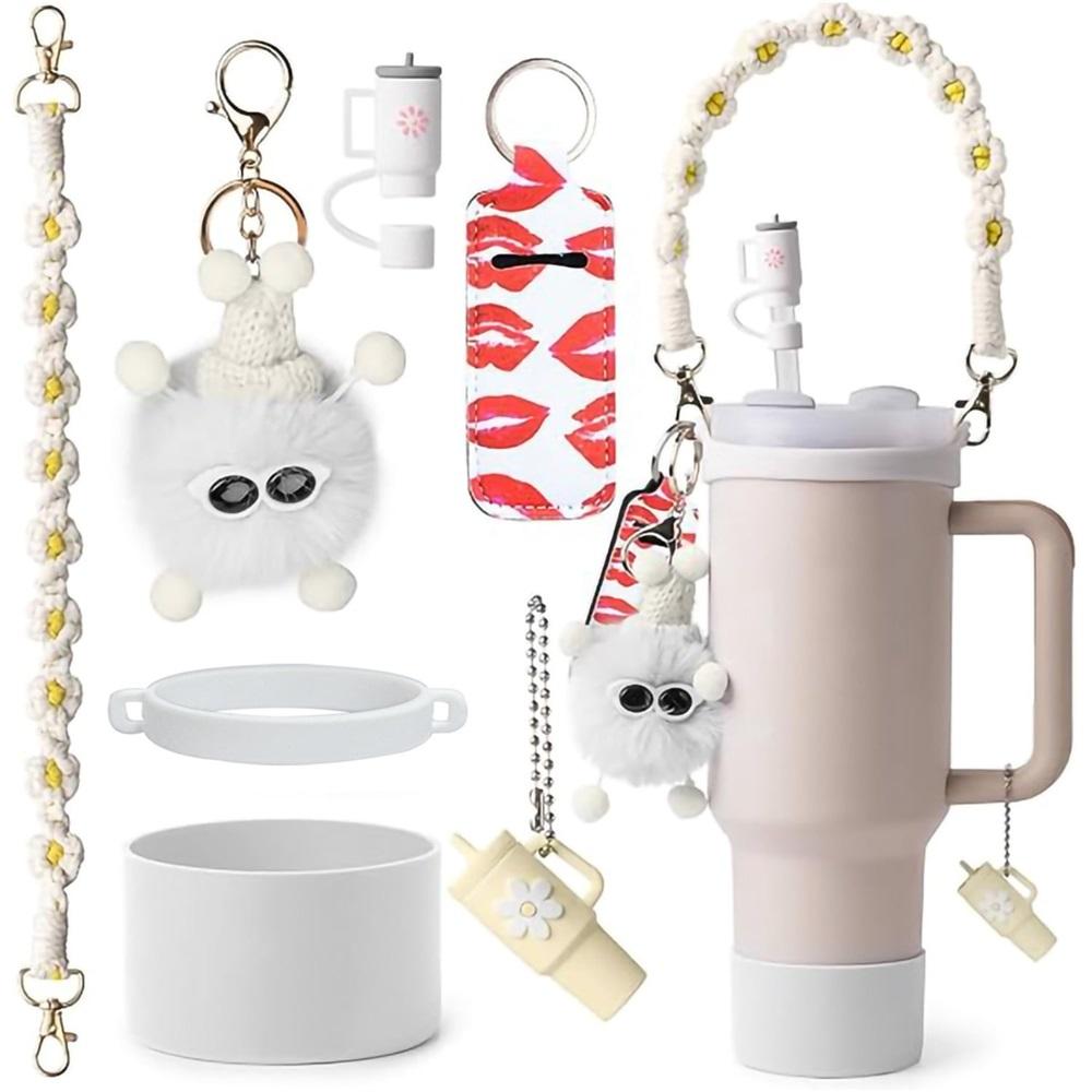 

7-piece cup accessory set, water bottle handle strap, silicone straw cap, bottle rack, 30oz 40oz insulated cup keychain accessories білий