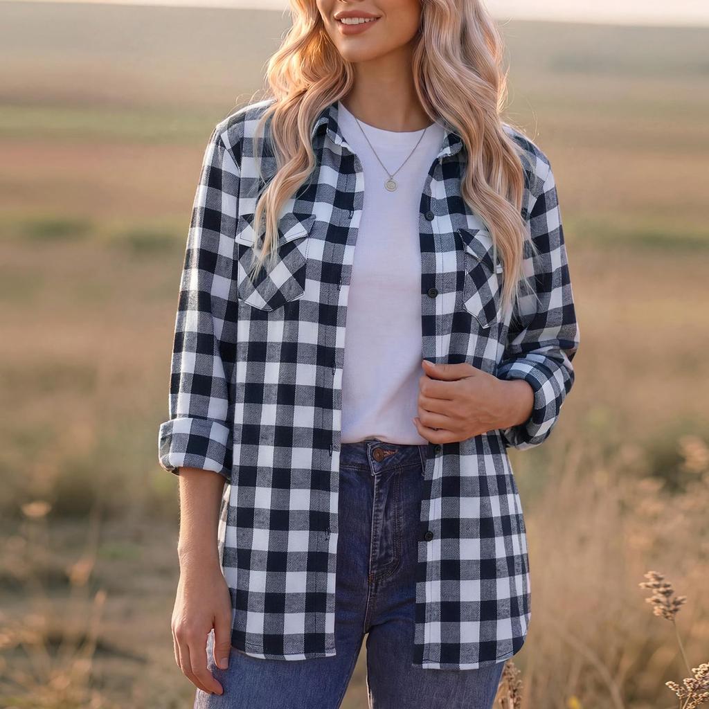 Women's Casual Plaid Long Sleeve Shirt Jacket with Lapel Collar for Everyday Wear