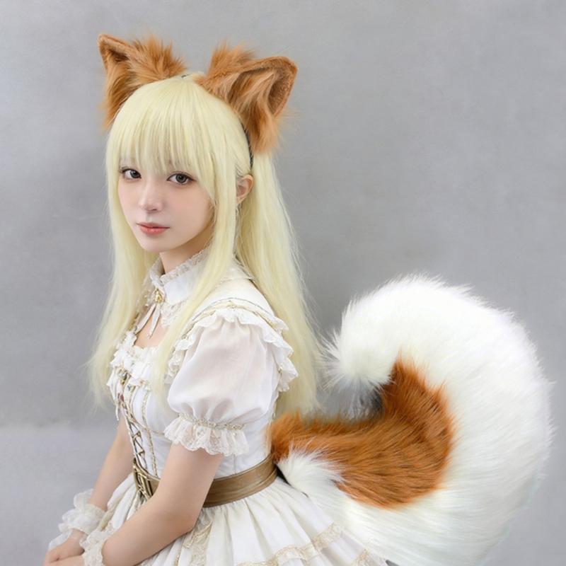 Realistic Foxes Tail And Ears Set For Women Cosplay Faux Furs Costume Headband and Tail Convention Role Play Accessories