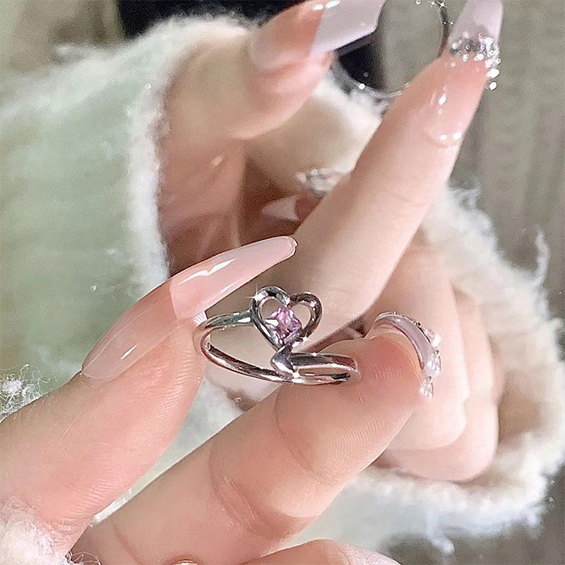 Kpop Pink Zircon Heart Open Ring For Women Girls Luxury Blue Opal Heart Couple Finger Rings Wedding Y2K Jewelry