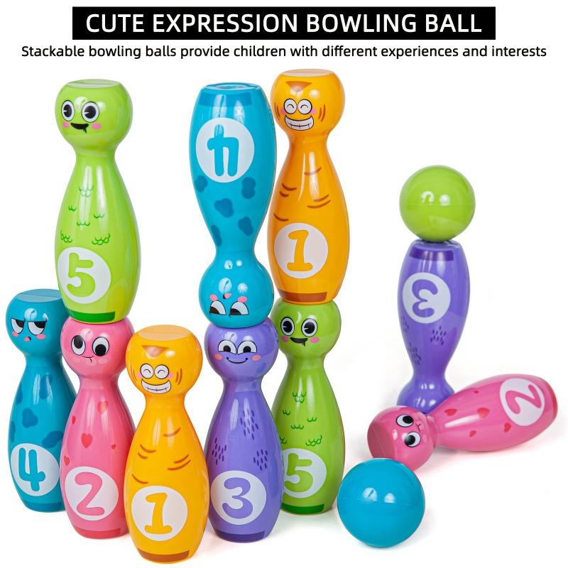 Cartoon bowling set with 10 pins & 2 balls, fade-proof printed patterns, gift box packed as holiday presents