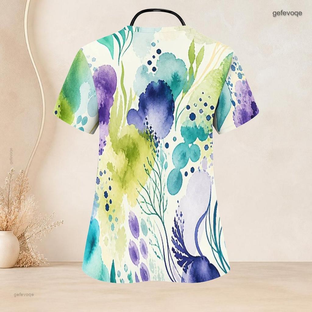 Women Plus Size Watercolor Floral Printed Nurse Scrub Top V Neck Short Sleeve With Front Pockets