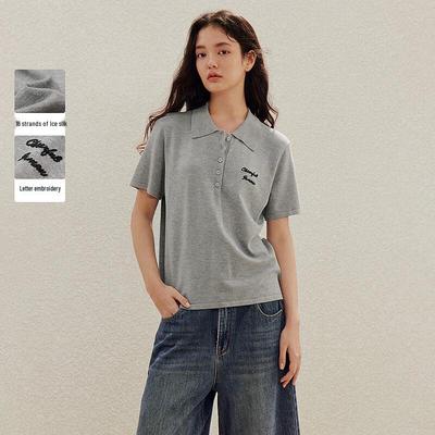 INMAN Women's Ice Silk Embroidered Polo Knit Top