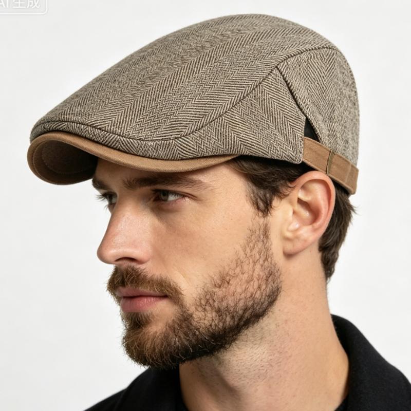 Vintage Tweed Newsboy Cap Casual Driving Flat Cap for Men Classic Herringbone Adjustable Side Buckle