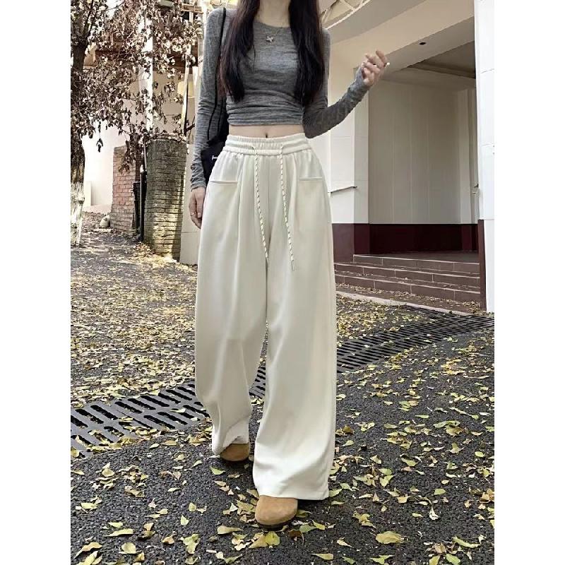 New solid color wide-leg pants, loose and drapey casual long pants for women, autumn drawstring straight pants