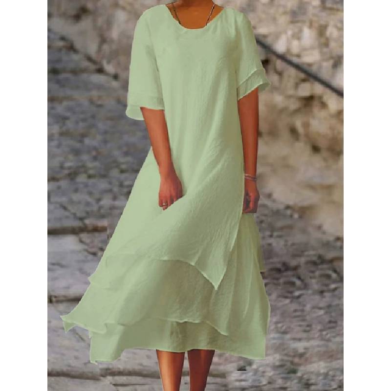 Vestido de Verano de Algodón y Lino de Doble Capa con Bloques de Color y Manga Corta de Cuello Redondo para Uso Casual
