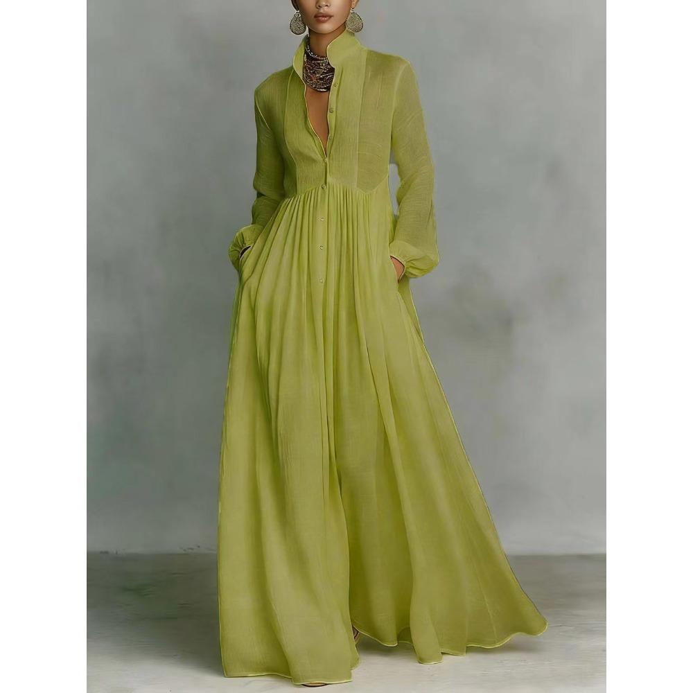 Abito Pieghettato a Vita Alta Sottile a Maniche Lunghe Stile Europeo e Americano Francese Temperamento Elegante Retro Casual Stile Vacanza
