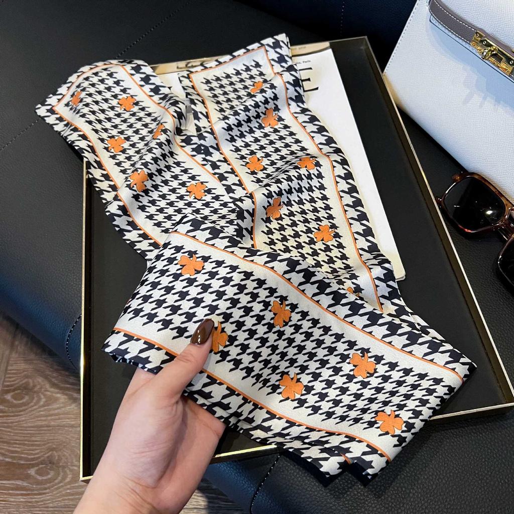 Long Silk Scarf Women's New Small Silk Scarf Printing Simulation Silk Tied Bag Streamer Explosion Sweet Little Scarf