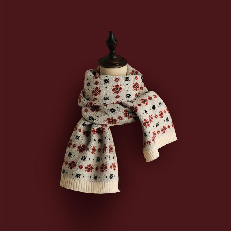 Versatile Christmas Knitted Wool Red Scarf Deer Elk Print Snowflake Warm Personality Couple Scarf Student