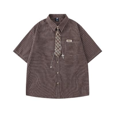 Japanese Retro Metal Pendant Tie Plaid Short-sleeved Shirt Summer New Loose Casual Shirt Men and Women Couples