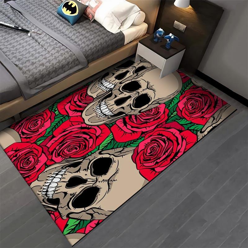 "Skull and Red Rose Printed Carpet with Gothic Art Design" Suitable for use as an anti-slip for living room bedroom sofas
