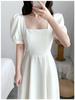 Hepburn Style Puff Sleeve White Dress: Square Collar, Slim Waist, Knee-Length, Summer Temperament