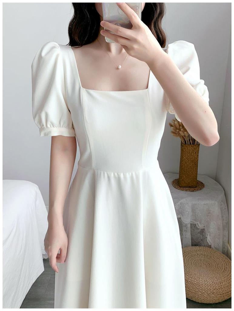 Hepburn Style Puff Sleeve White Dress: Square Collar, Slim Waist, Knee-Length, Summer Temperament