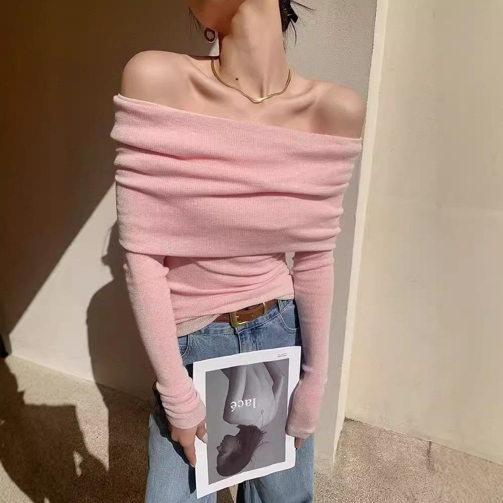 Sexy schulterfreier Langarm-Strickpullover für den Sommer, einfarbiger, eleganter und modischer, schmaler Kurzpullover für Damen