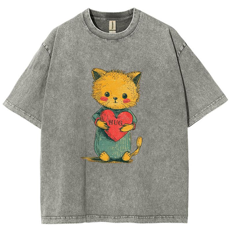 Camiseta de Mujer de Mezclilla Lavada con Estampado de Gato Naranja Estilo Lindo Algodón Oversized Manga Corta Girly Básica