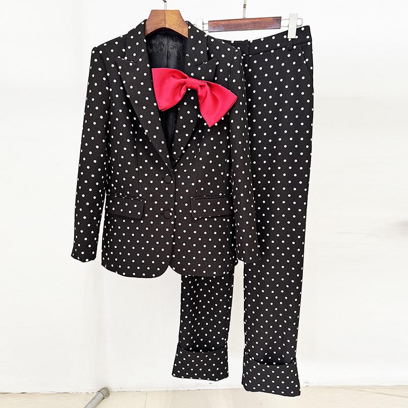 2026 Celebrity Style Polka Dot Suit: Bowknot Jacket & Trousers Set Medium