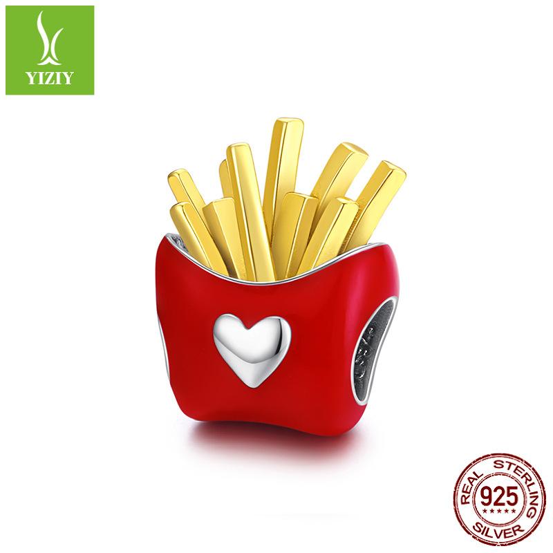 

French Fries 925 Silver Bracelet Beaded, Red Dripping Oil Heart-Shaped Gourmet Series Loose Beads Scc1606