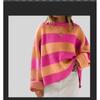 Women's Blue and White Stripe Loose Fit Long Sleeve Crew Neck Sweater