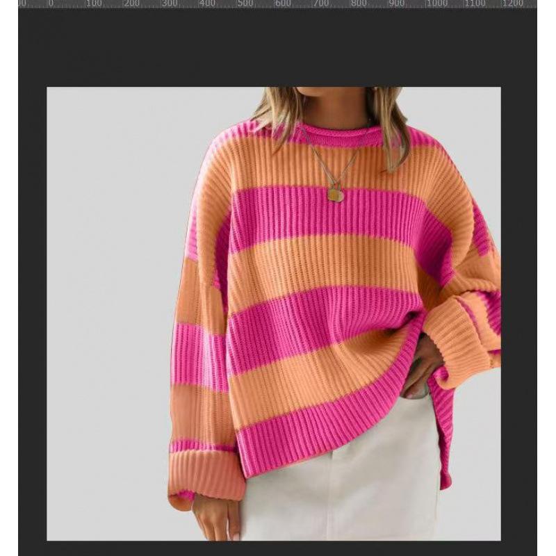 Women's Blue and White Stripe Loose Fit Long Sleeve Crew Neck Sweater