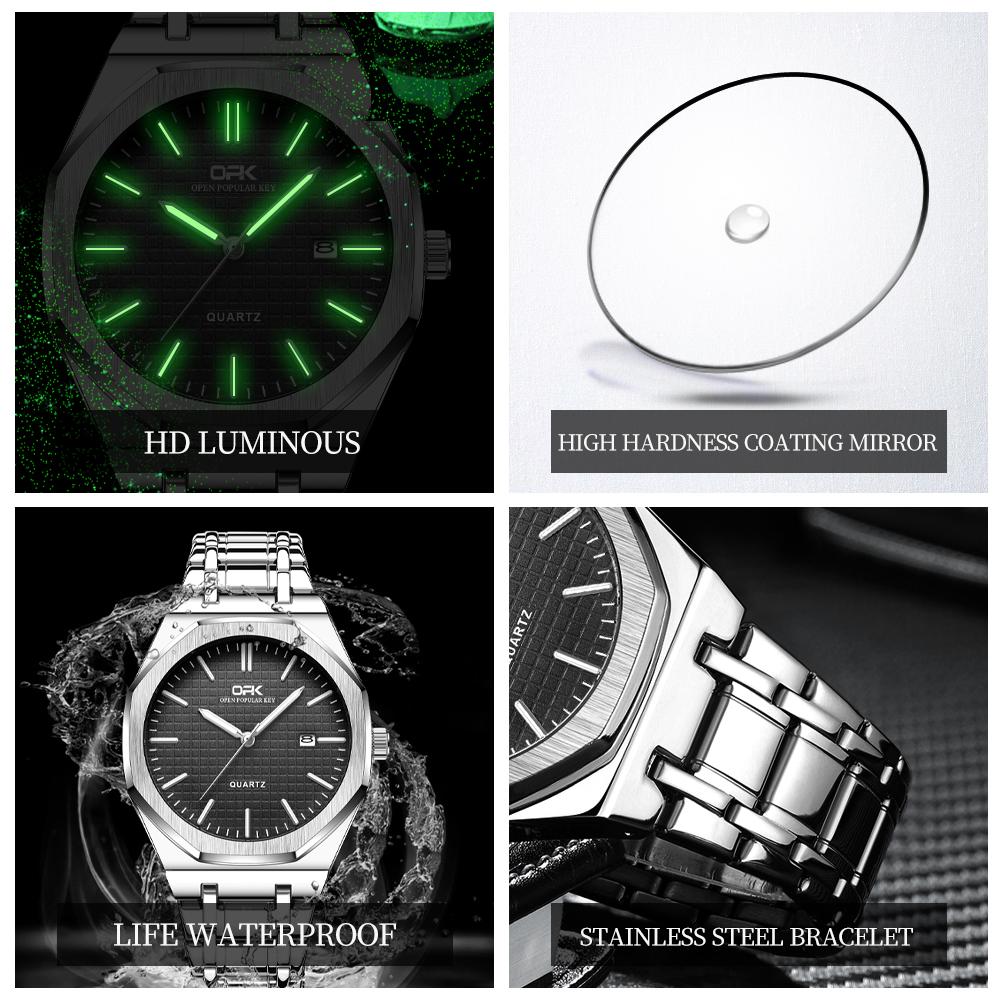 OPK Luxury Fashion Men's Quartz Watch Octagonal Waterproof Night Light Business Men's Calendar Watch
