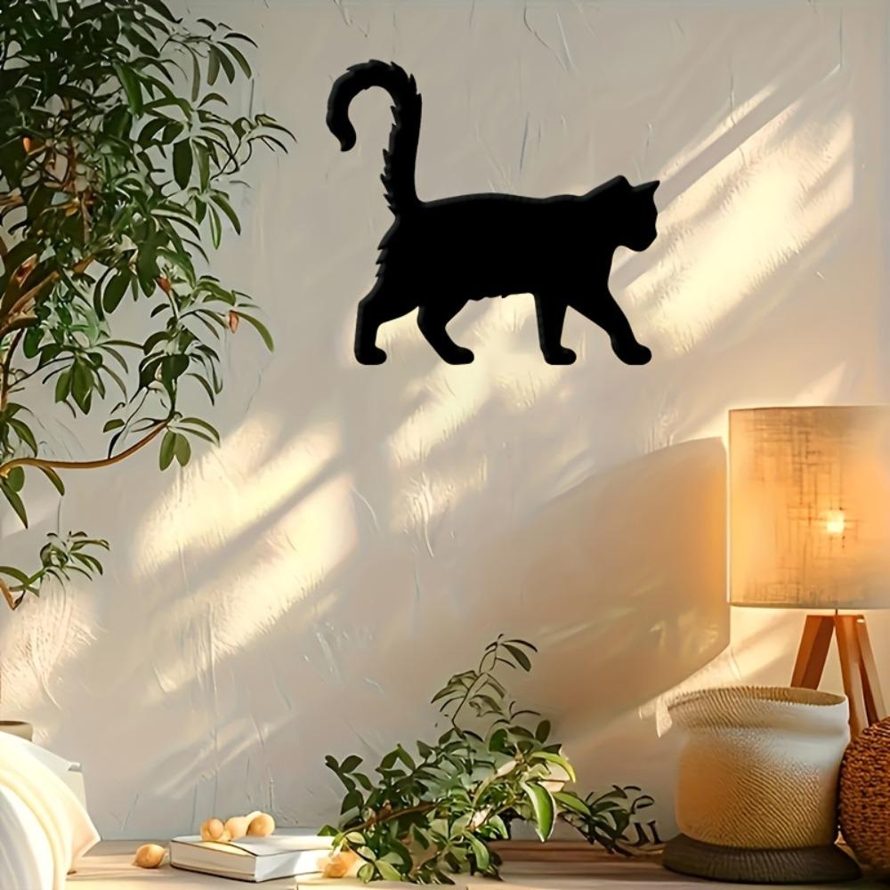 Black Metal Walking Cat Wall Sculpture, Iron Outdoor Home Decor, Modern Black Cat Art for Entryway Office, Gift for Cat Lovers Halloween Christmas