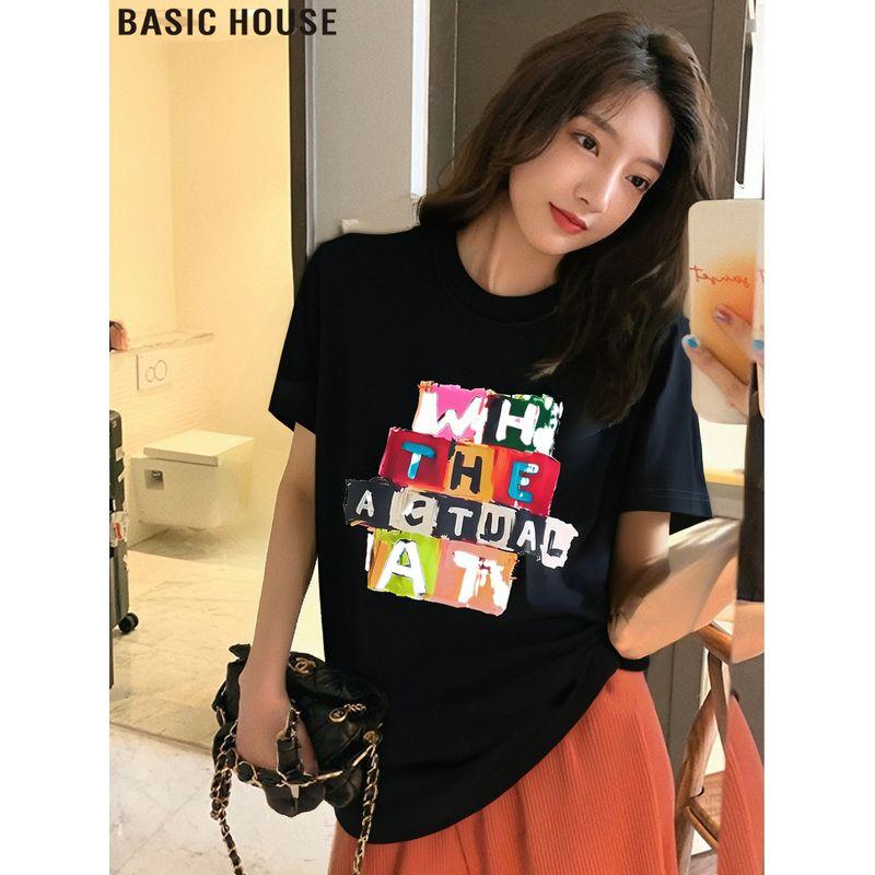 

Basic House/Baijiahao American Print Shoulder Short-Sleeved T-shirt Women s Summer 2025 Super Hot Anti-Aging Top Black S