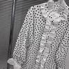 Spring 2026 Women's Black & White Polka Dot Lace Button-Down Shirt - Slim Fit, Versatile, Sweet Patchwork Design