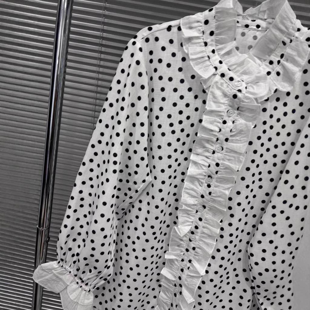 Spring 2026 Women's Black & White Polka Dot Lace Button-Down Shirt - Slim Fit, Versatile, Sweet Patchwork Design