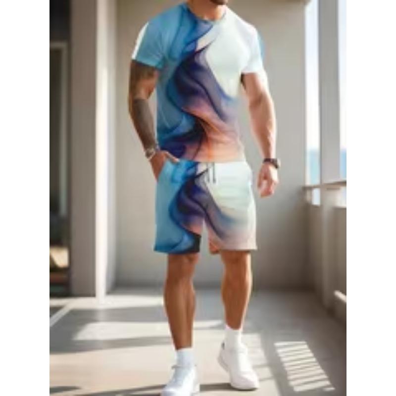 Men's 3D Print T-Shirt and Shorts Set, Letter Print Design, Suitable for Casual and Outdoor Sports