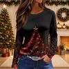 Women's Christmas Print Long Sleeve Top with Round Neck and Side Slit Hem Festive Holiday Blouse