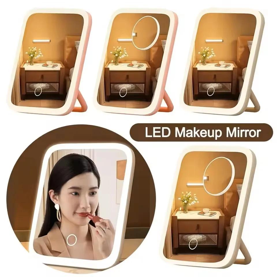 LED Makeup Mirror, 3-Color Light, 360° Rotatable, Touch Control, USB Powered, Tabletop Vanity Mirror for Bedroom Bathroom Trave