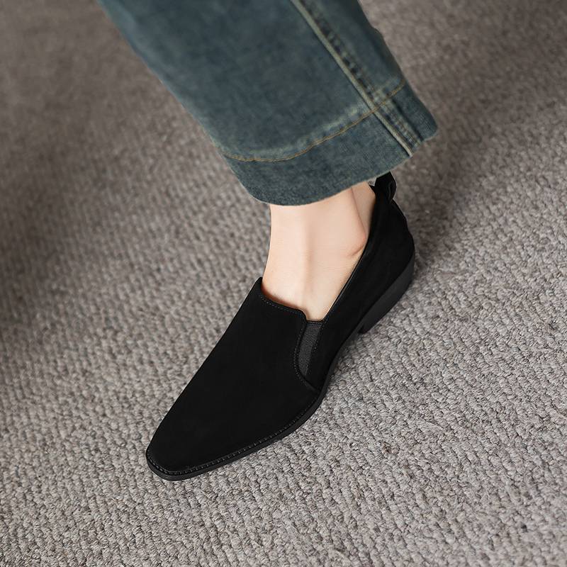 Krazing Pot Sheep Suede Round Toe Med Heels Summer Shoes Solid Big Size 42 Slip on Women Oxford Shoes Shallow Pumps