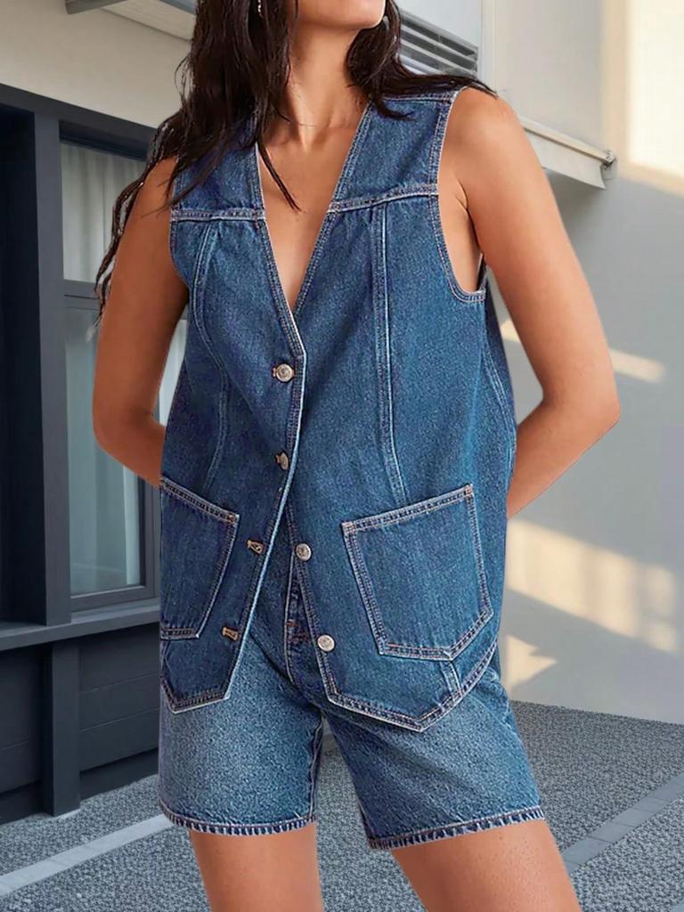 Women's Denim Vest Button Down V Neck Sleeveless Casual Jean Jacket