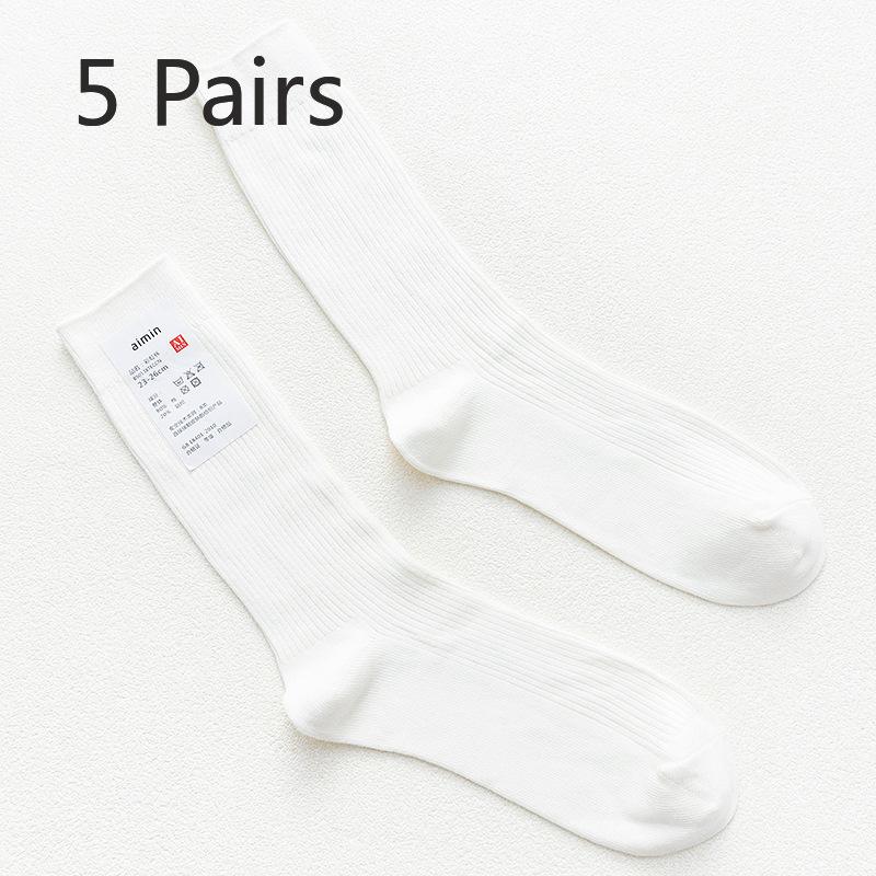 5 Pairs of Men's Retro Sweat-absorbing Vertical Striped Plain Color Cotton Mid Calf Socks
