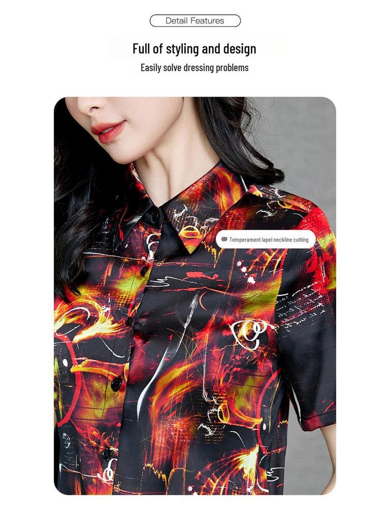 Summer 2025 Mulberry Silk Top: Hangzhou Short-Sleeve Dress for Middle-Aged Women, Printed Design, Large Size