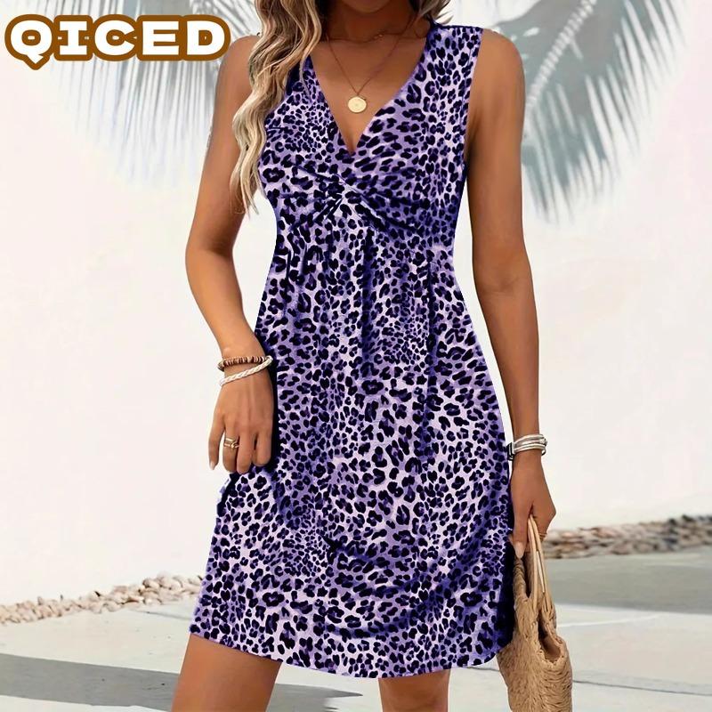 QICED Fashion Summer Spring Sleeveless V-Neck Casual Dresses