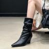 White Martin Boots Women's 2025 New European and American Versatile Pointed Toe Heel Elastic Thin Medium Tube Stacking Boots.