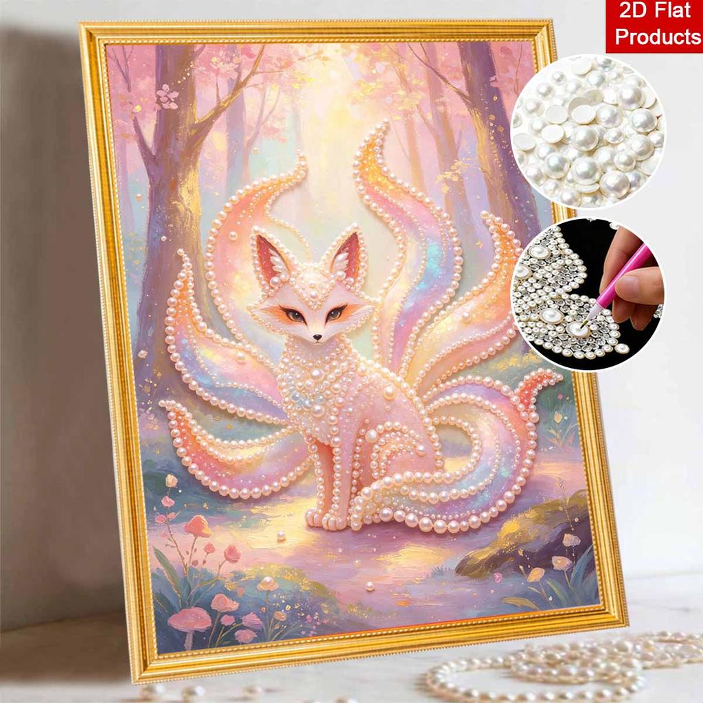 DIY Framed Pearl Painting Kit Ninetailed Fox Pattern Sparkling Bead Canvas Creative Handmade Craft Gift for Women and Adults Relaxation Art
