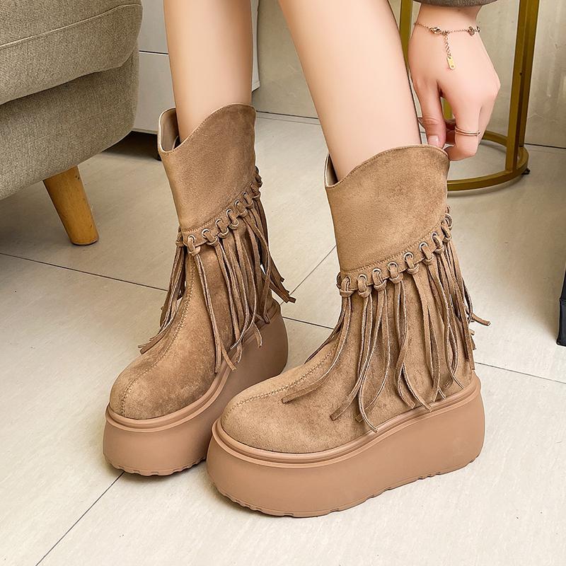 Fashion Tassel Boots Autumn New Round Toe Sleeve Platform Anti-Slip Wear-Resistant Short Shoe