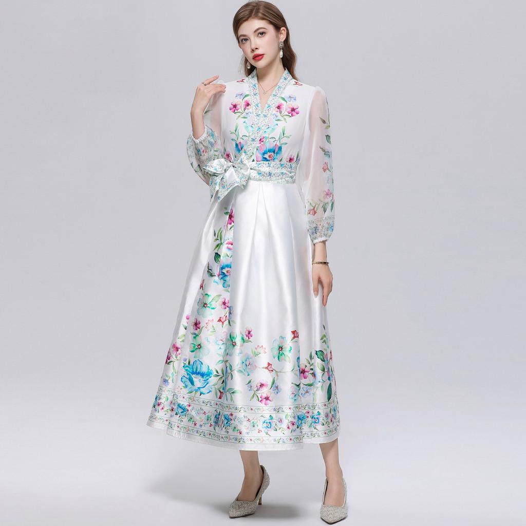 Wunderschönes Blumenwickel-Langarmkleid Damen V-Ausschnitt Laternenärmel Chiffon-Patchwork Dickes Satin-Band-Schnürgürtel Partykleid