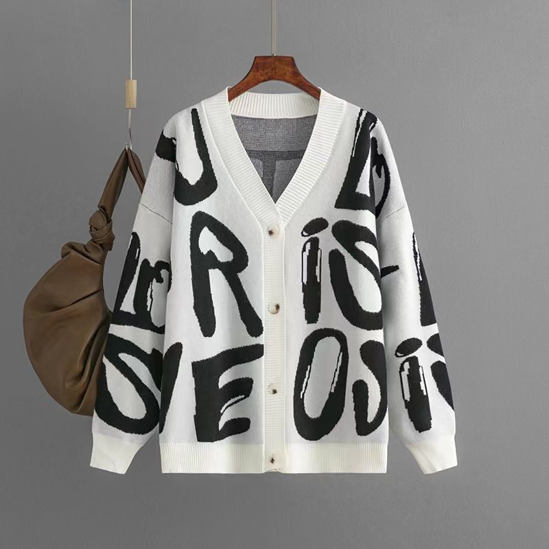 

European and American Single-Breasted Long sleeve Knit Letter Jacquard Cardigan sweater Letter Jacquard Sweater Black All yards