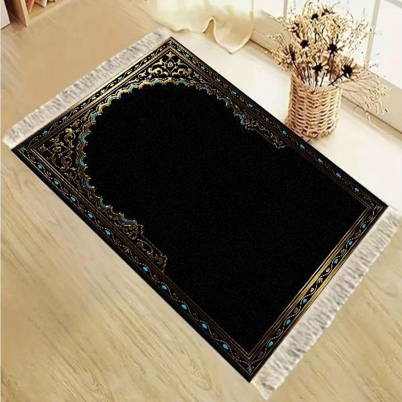 Tapis de Salat Islamique en Velours Simple Noir Or Bleu Motif Floral Mihrab Portable Antidérapant Tapis de Prière Cadeau de l'Aïd