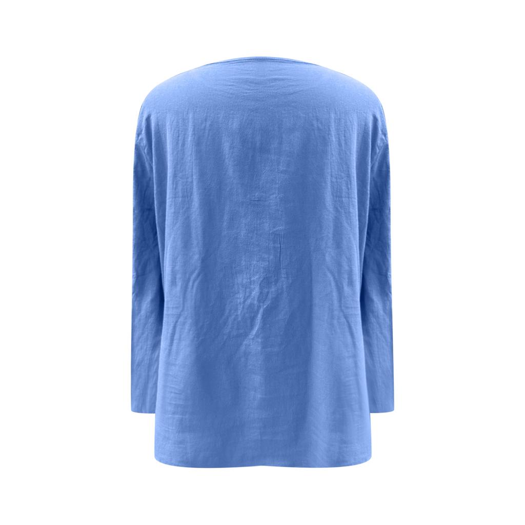 Damenmode Einfarbig Lässig Locker Langarm Leinen V-Ausschnitt Hemd Top