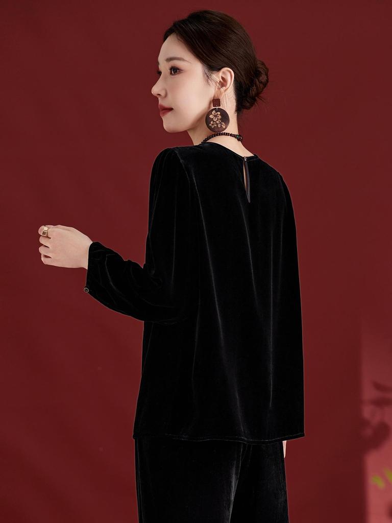 Top Casual Jacquard de Terciopelo de Seda Lavado a Tinta de Manga Larga - Otoño/Invierno Lujo Seda de Morera 6A