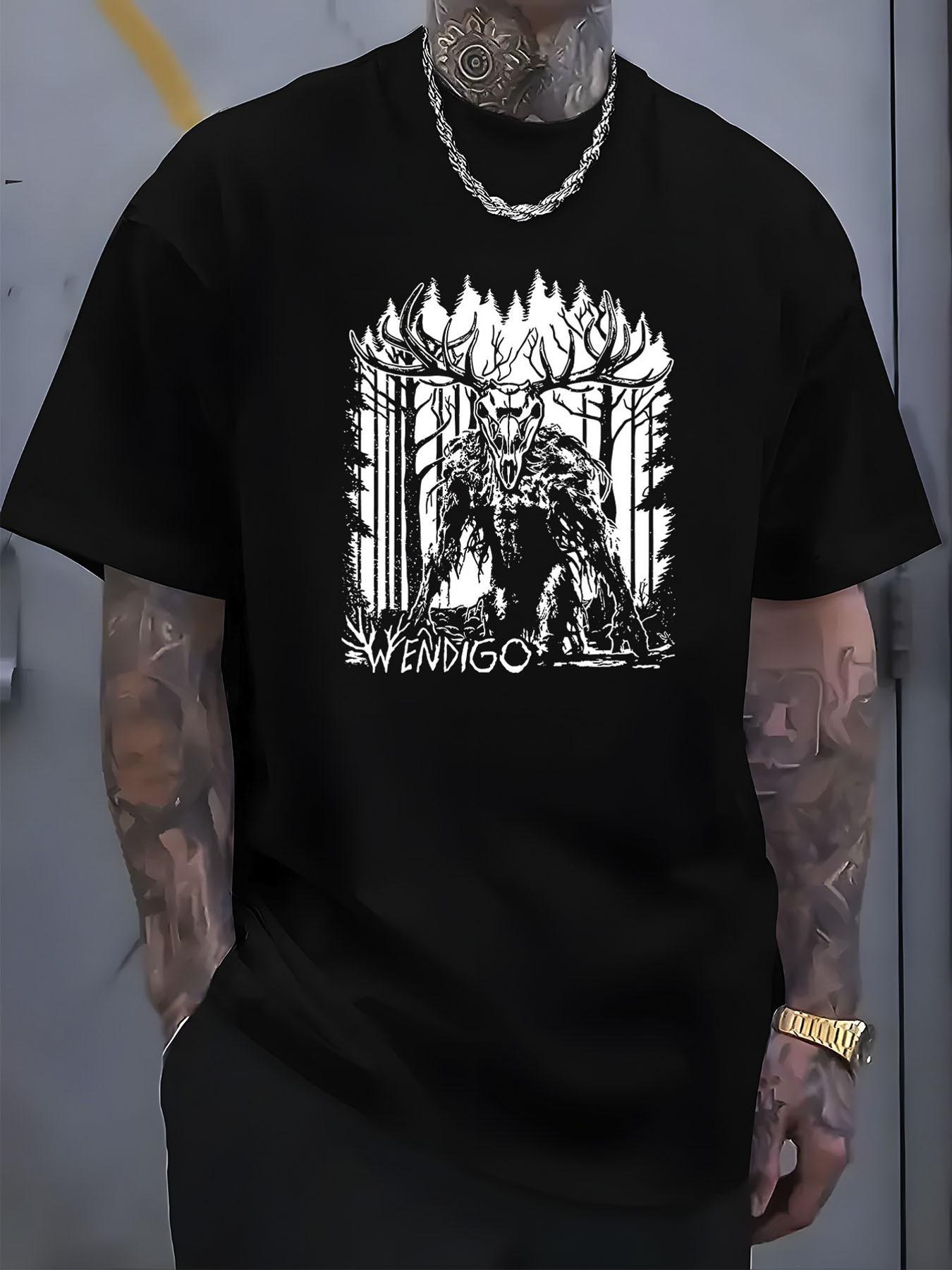 Wendigo Mythical Creature Graphic T-shirt - Cotton Breathable Streetwear Short Sleeve Crew Neck Tee with Forest Print XL