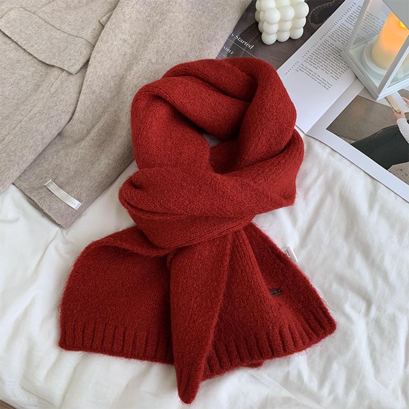Korean Version Containing Wool Knitted Wool Solid Color Scarf for Women in Winter Thickened and Warm Versatile High End Cold Proof Scarf Trendy