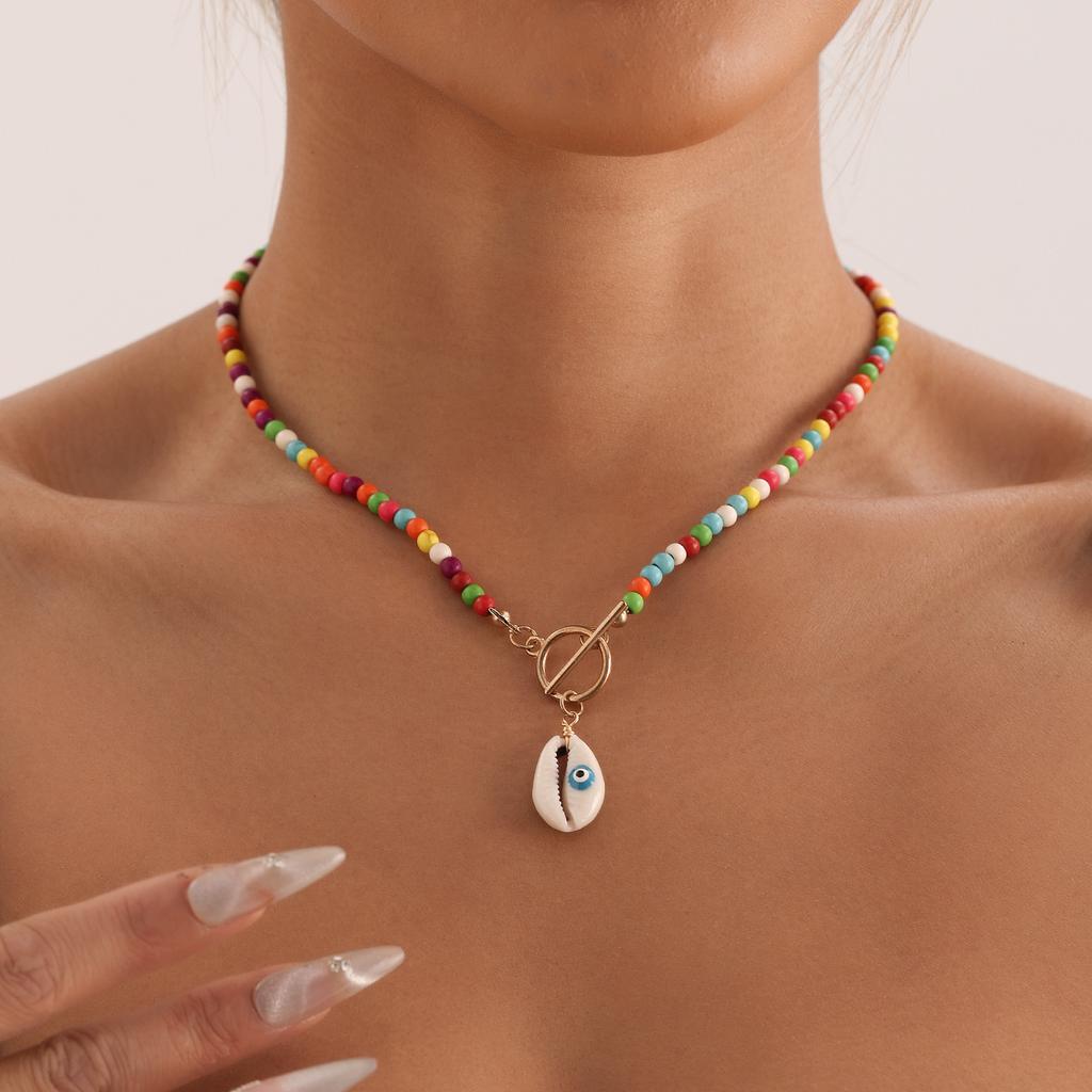 Vintage Beaded Colored Turquoise Eye Shell Necklace Bohemian Simple Beach Clavicle Chain