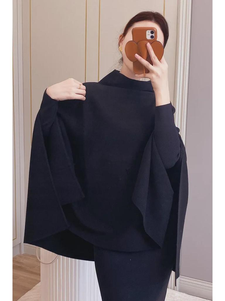 Women's Wool Blend Cape: Turtleneck Sweater Coat with Bat Sleeves - Cos Style for Autumn/Winter